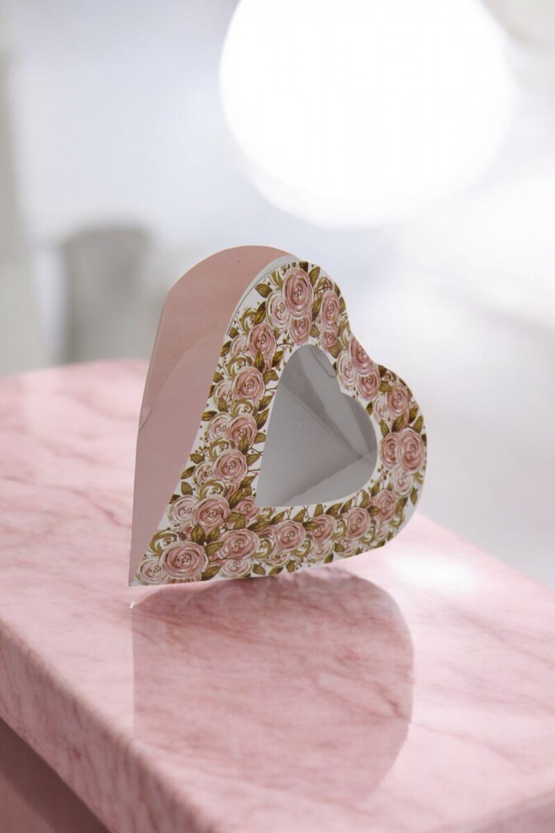 Caja corazon con visor - 17x17x5 cm. - ROSA C/ ORO 