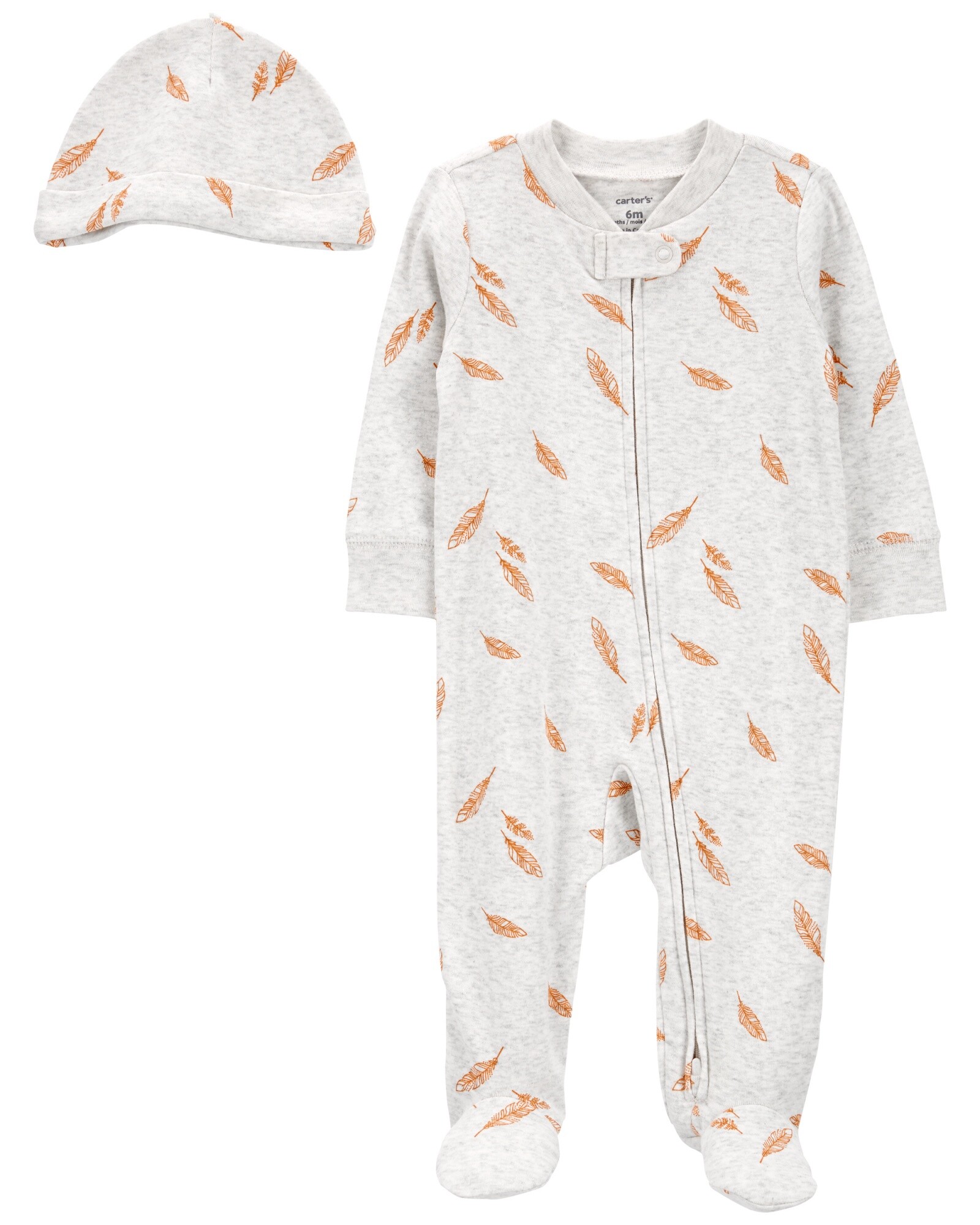 Pijama una pieza de algodón, con pie y gorro, diseño plumas Sin color