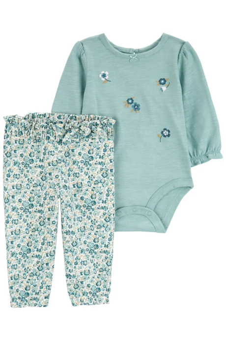 Set dos piezas de algodón, pantalón y body, diseño floral Sin color