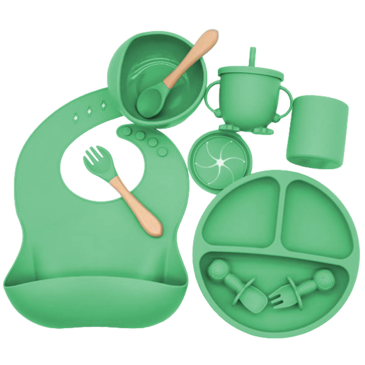 Set X10p Plato Comer Bebe Silicona+ Cubierto Vaso - Verde 