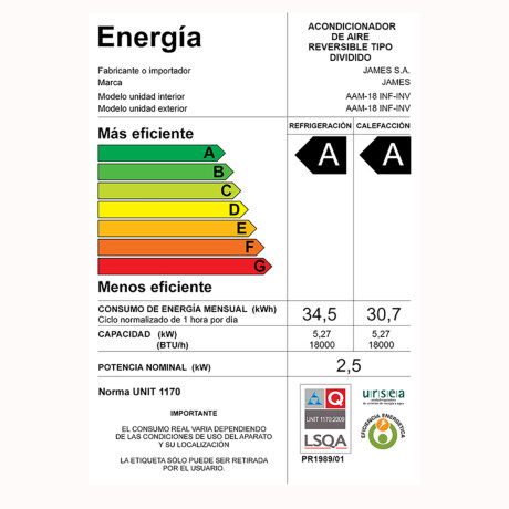 Aire Acondicionado James AAM18INFINV 18000 BTU Inverter