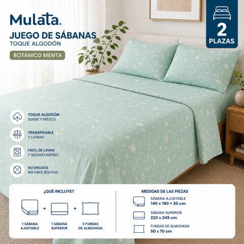 Juego De Sabanas 2 Plazas Toque Algodón Sommier Botánico Menta Juego De Sabanas 2 Plazas Toque Algodón Sommier Botánico Menta