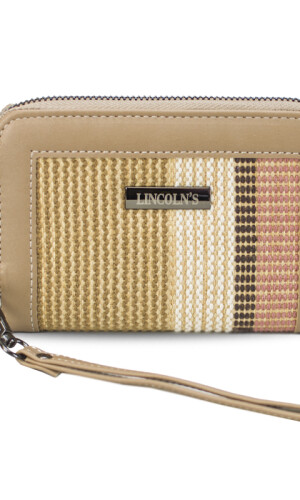 BILLETERA LORENZA TELAR RAYADO GRUESO MAUVE Y ARENA