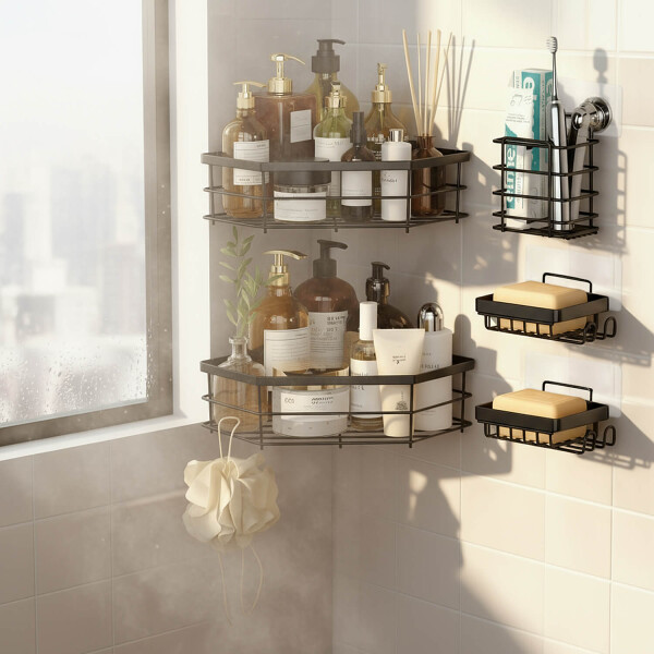 Set X5 Estante Organizador Esquinero Ducha Baño Jabonera Accesorios Con Adhesivo Imback Color Negro Set X5 Estante Organizador Esquinero Ducha Baño Jabonera Accesorios Con Adhesivo Imback Color Negro
