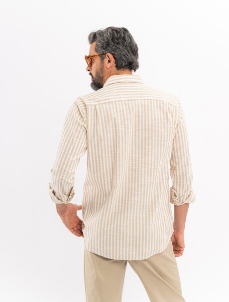 Camisa m/l efecto lino rayada beige