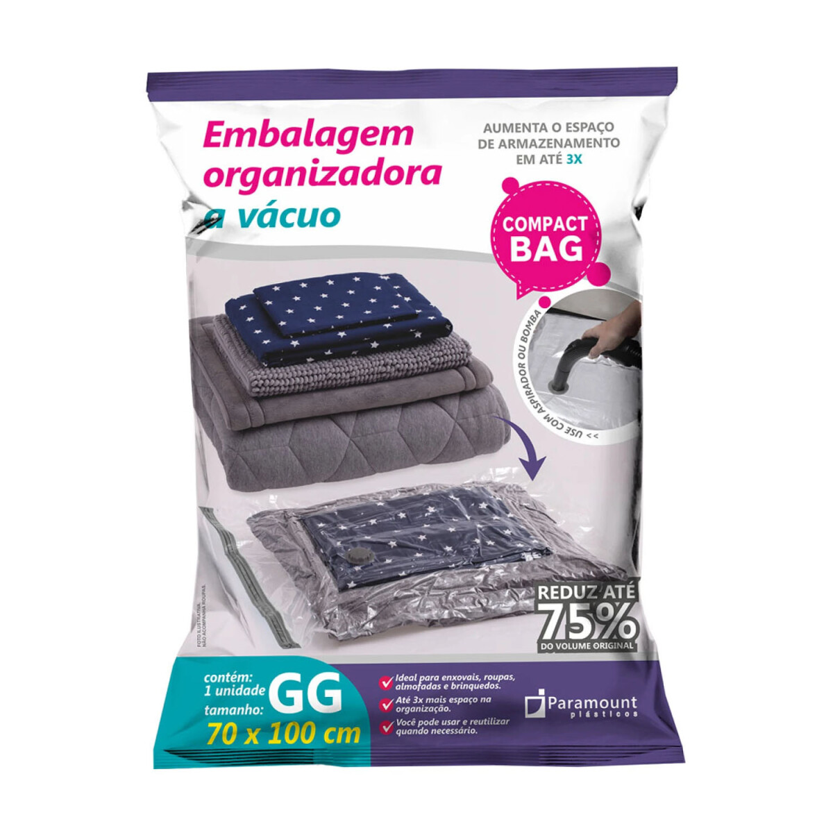 Bolsa Almacenaje al Vacío 70x100cm Organización Ropa y Hogar - Transparente 