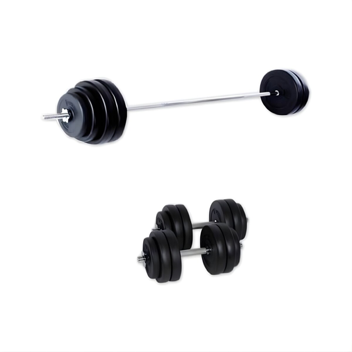 Kit 2 Mancuernas + Barra Recta Maciza 1.8m + 50 Kilos Pesas - 8x5Kg 2x2.5Kg 4x1.25Kg 