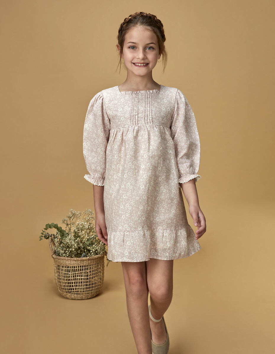Vestido Lino Estampado Flores - Rosa Suave 