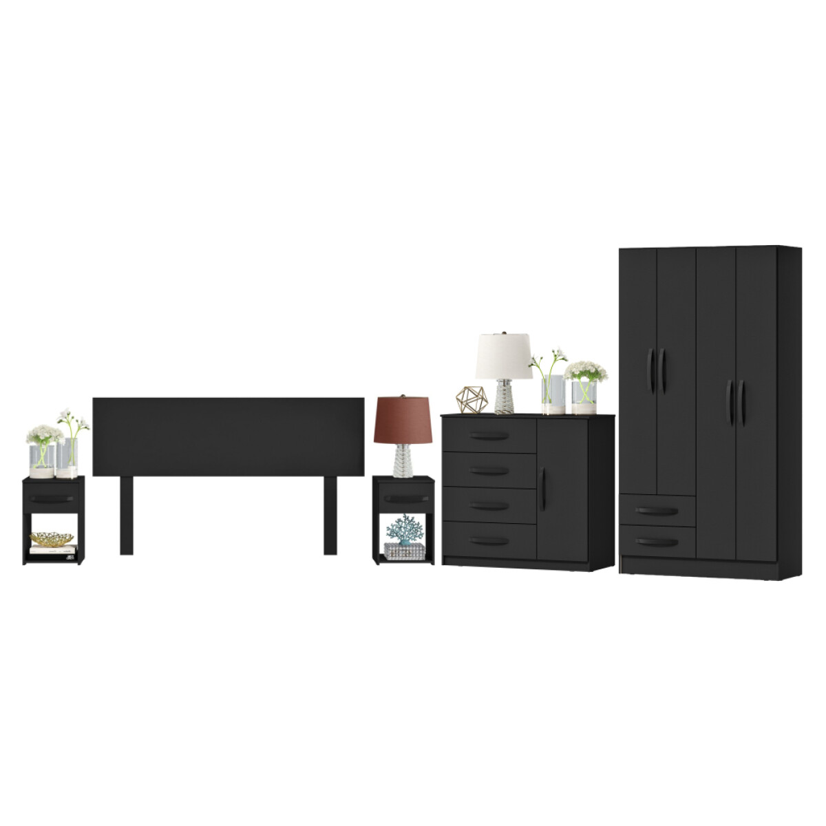 Combo Armario 4 Puertas, Respaldo, Mesas de luz, Cómoda - MDP - Negro 
