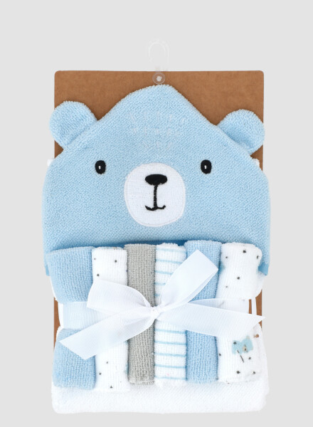 Toalla con capucha + 5 babitas bebe oso Celeste