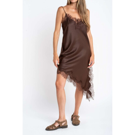 Vestido Midi Satinado Con Encaje Chocolate