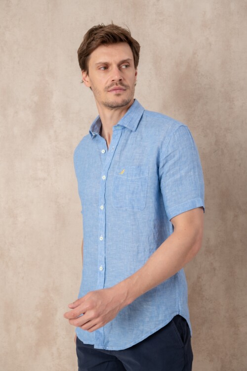 Camisa Lino manga corta Celeste