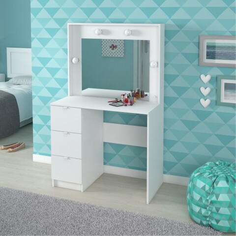 Mueble Tocador Con Espejo Porta Lámparas Luz Maquillaje Con Cajones - MDP - Blanco Mueble Tocador Con Espejo Porta Lámparas Luz Maquillaje Con Cajones - MDP - Blanco