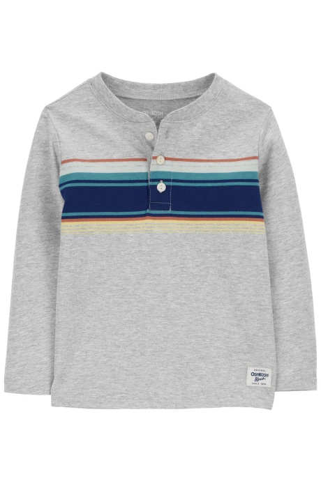 Remera henley de algodón, gris con franjas. Talles 2-5T Remera henley de algodón, gris con franjas. Talles 2-5T