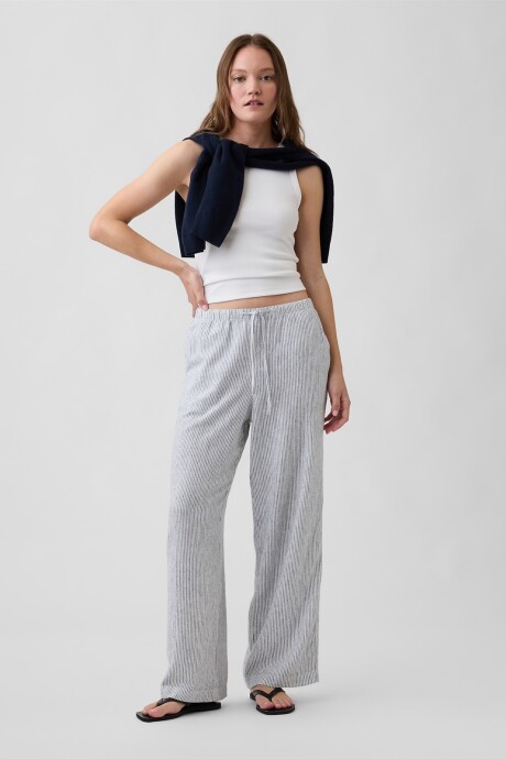Pantalón De Lino Wide Mujer Navy Ivory Stripe