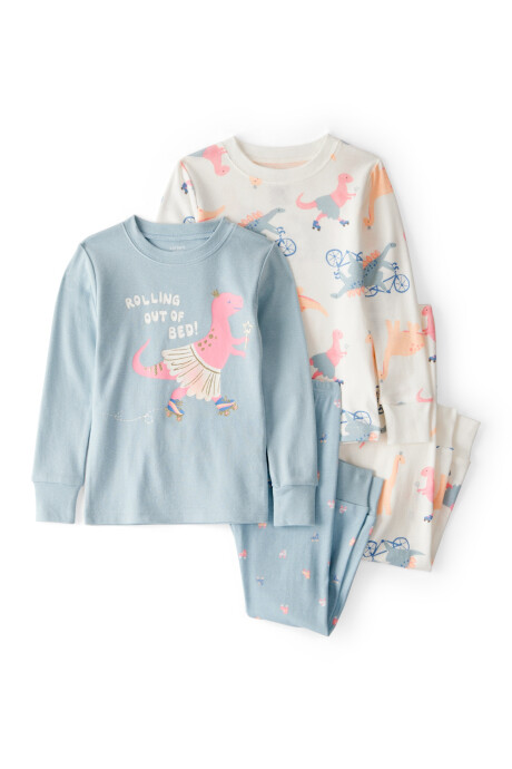 Pijama cuatro piezas de algodón, dos remeras manga larga y dos pantalones, diseño dinos Pijama cuatro piezas de algodón, dos remeras manga larga y dos pantalones, diseño dinos