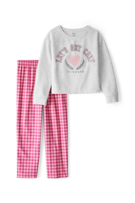 Pijama dos piezas de poliéster, remera estampada y pantalón a cuadros Sin color