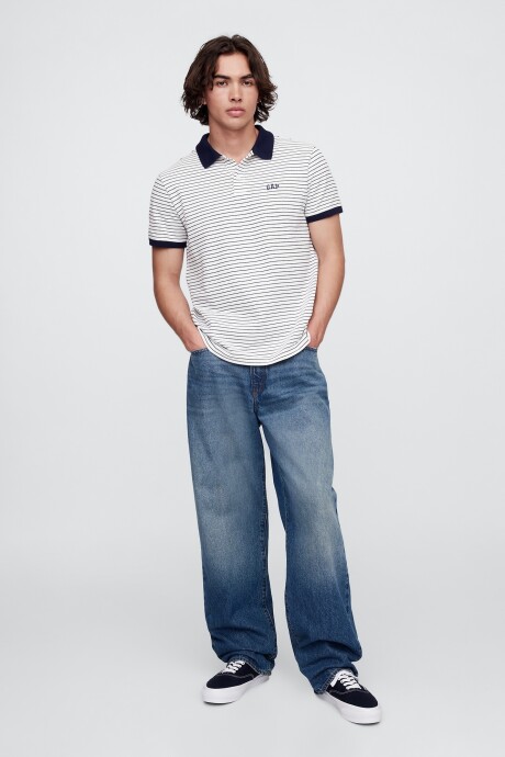 Remera Polo Hombre White Navy Stripe