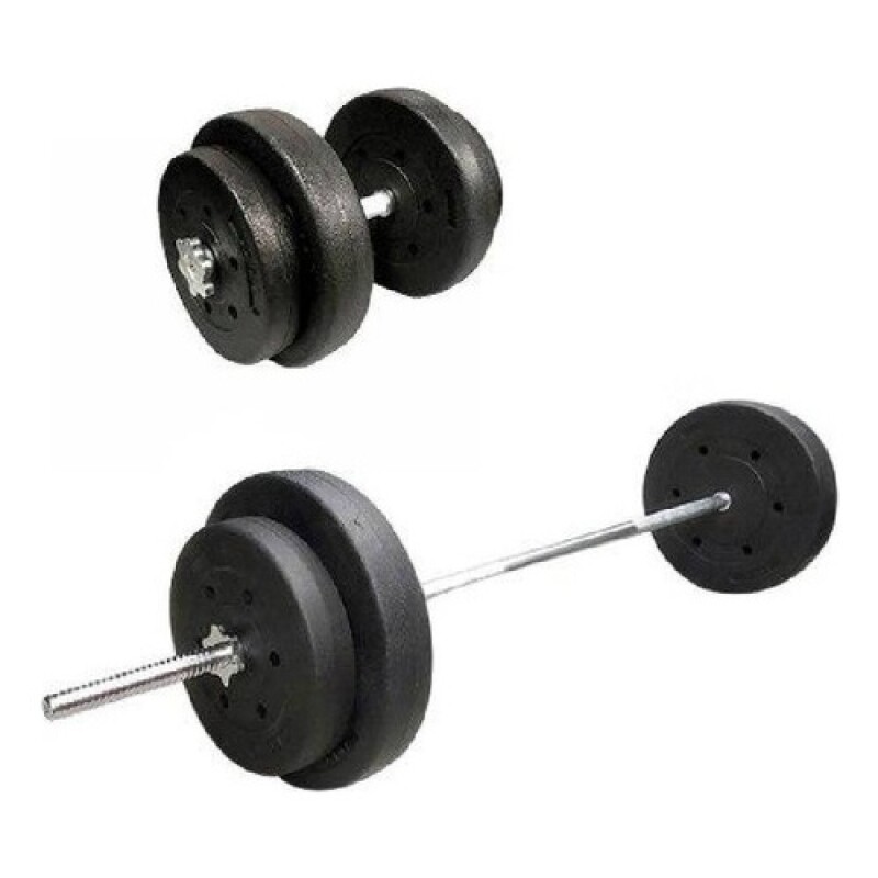 Kit 2 Mancuernas + Barra Recta Maciza 1.8m + 30 Kilos Pesas 2x10Kg 2x5Kg