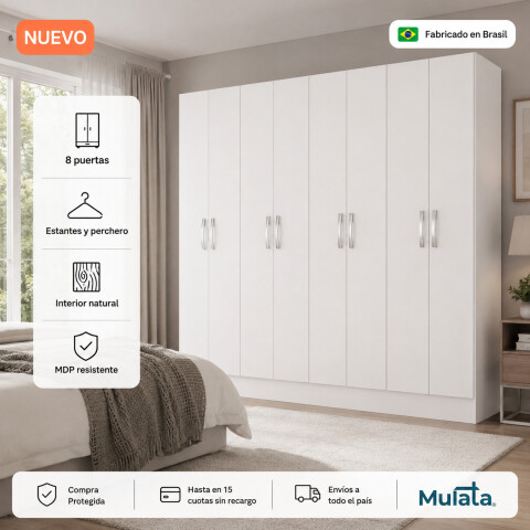 Ropero 8 puertas con estantes y perchero con interior natural - Blanco Ropero 8 puertas con estantes y perchero con interior natural - Blanco