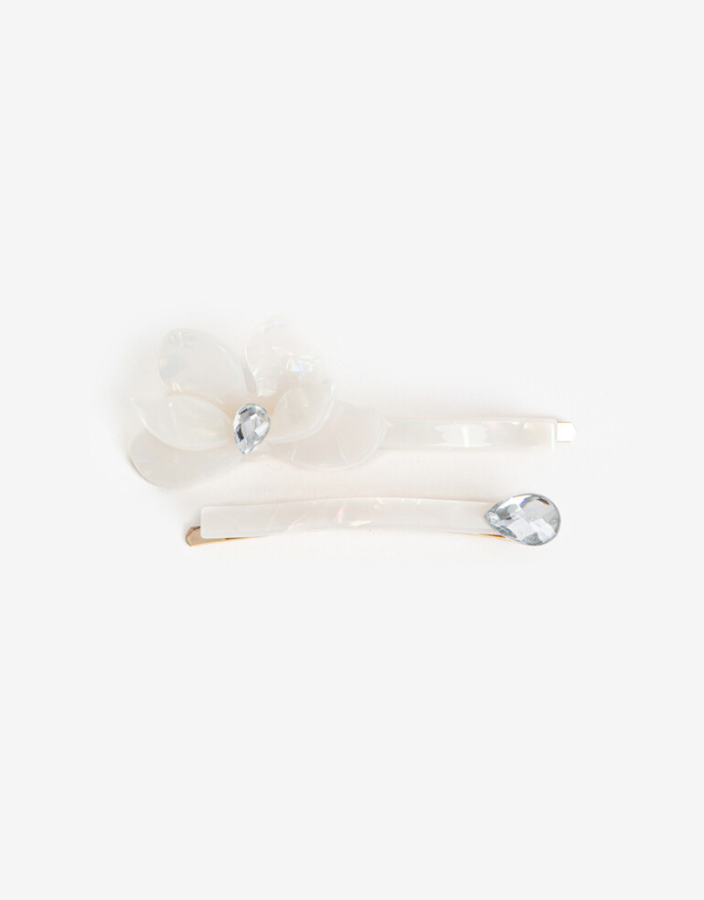 Horquillas con Accesorios Acrilico Set De 2 Hebillas Noche De Acrílico Con Strass. - Blanco Crudo
