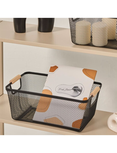 CESTO REJILLA C/ ASA DE MADERA 35x23x16CM NEGRO CESTO REJILLA C/ ASA DE MADERA 35x23x16CM NEGRO