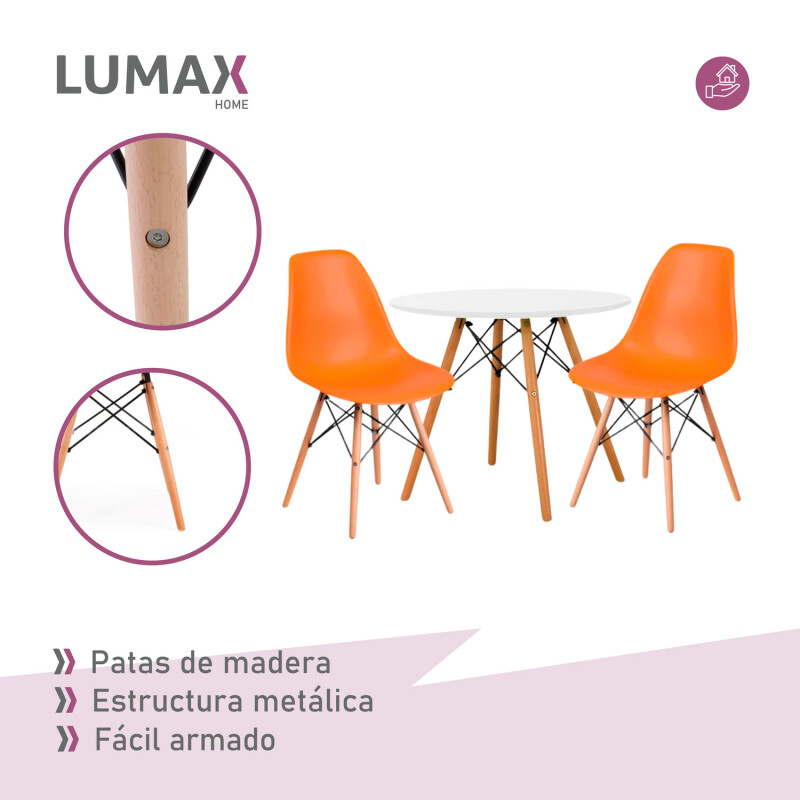 Juego de comedor Con Mesa Circular de 80cm + 2 Sillas Eames Naranja