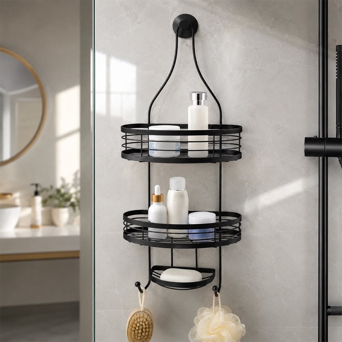 Organizador Colgante para Ducha de 2 Niveles con Jabonera – Acero Negro 