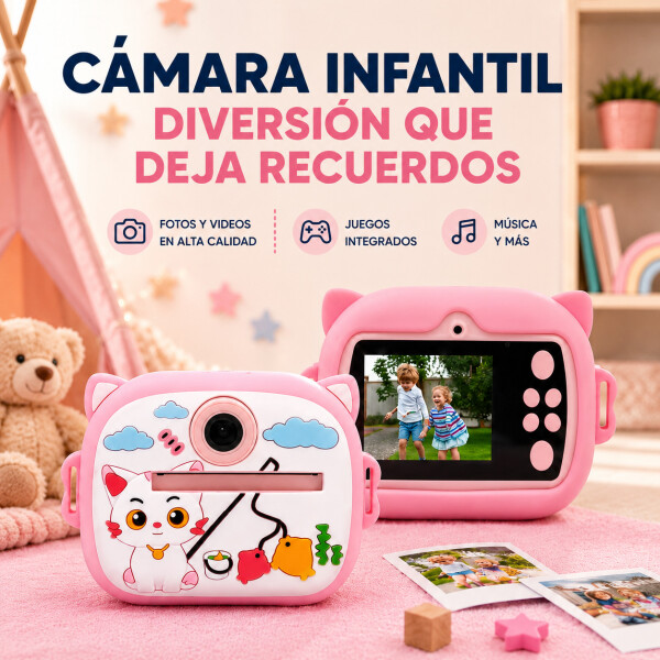 Cámara Gatito Infantil Instantánea 48MP Con Juegos Y Música Color Rosa