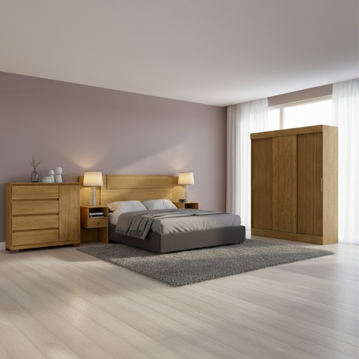 Combo de Dormitorio Ropero Sirius 3 Puertas Corredizas Respaldo Oslo con Mesas de Luz y Cómoda Vega - Marrocos 