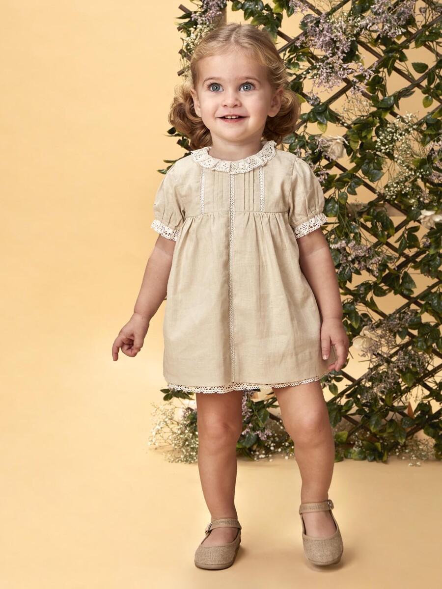 Vestidode Lino Con Tiras Bordadas Marron