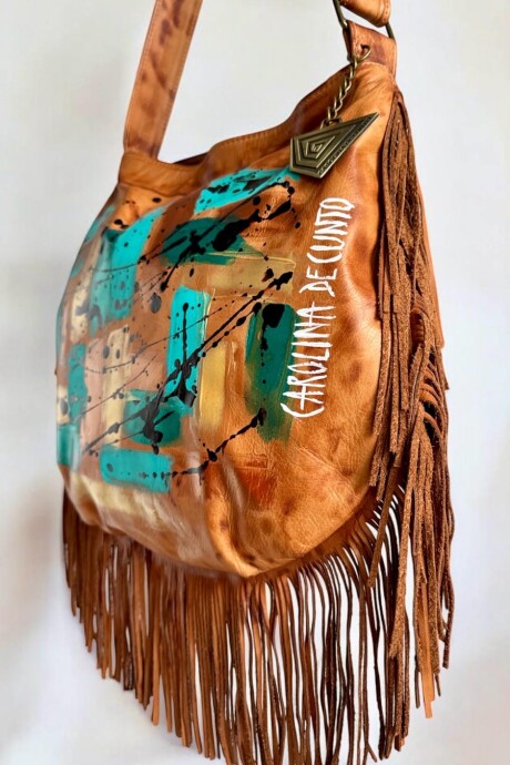 Cartera ODINA Línea Ottenta Con Flecos Terra Con Arte Turquesa