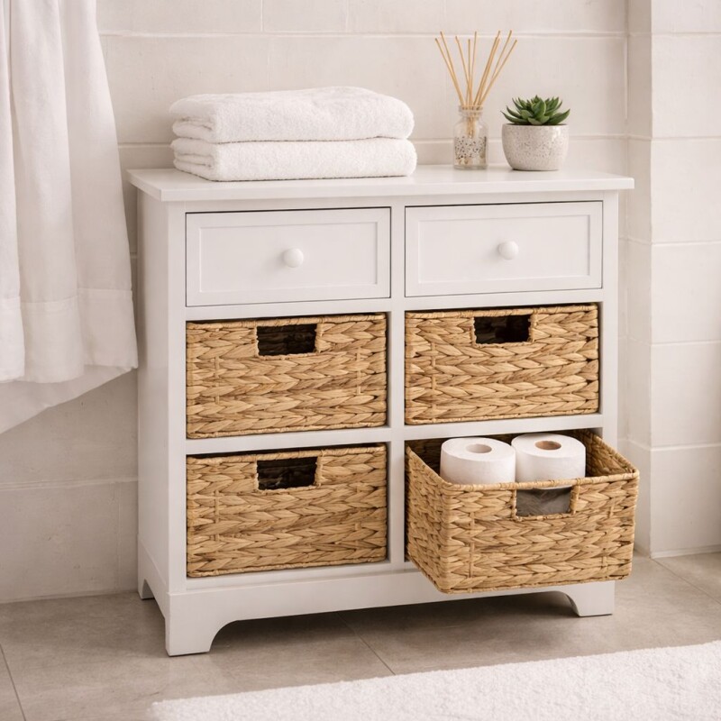 Mueble Organizador Blanco con Canastos de Mimbre y Cajones Mueble Organizador Blanco con Canastos de Mimbre y Cajones