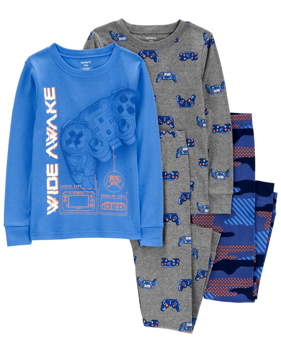 Pijama cuatro piezas de algodón, dos pantalones y dos remeras, diseño videojuegos 