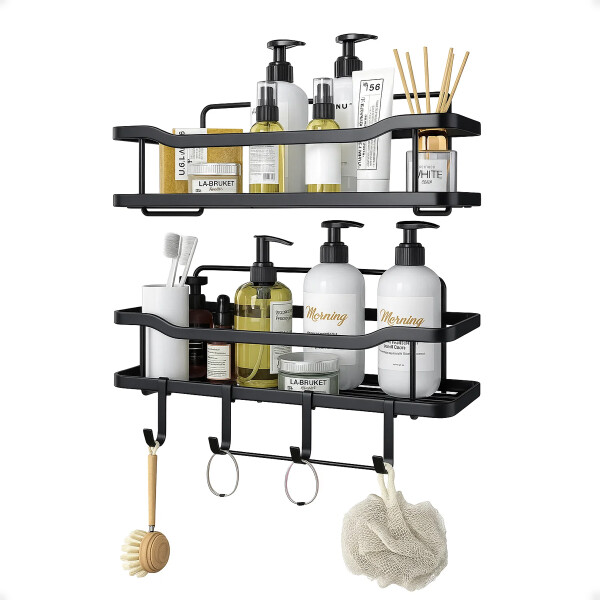 Estante organizador baño ducha set x2 adhesivo con ganchos Negro