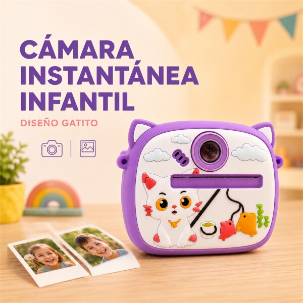 Cámara Infantil Instantánea Gatito con Doble Lente y Selfie Violeta