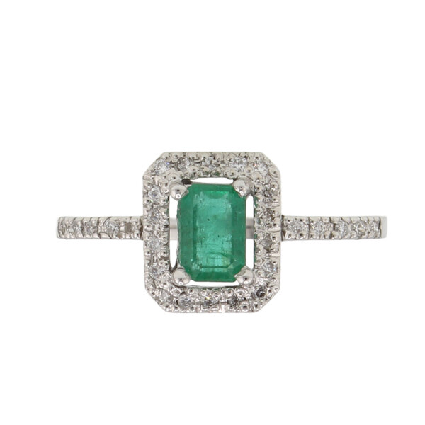 Anillo Montecarlo de oro blanco 18k con esmeralda baguette y brillantes Anillo Montecarlo de oro blanco 18k con esmeralda baguette y brillantes