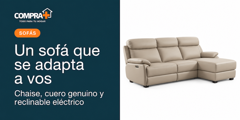 Sofá con chaise, cuero genuino y reclinable eléctrico