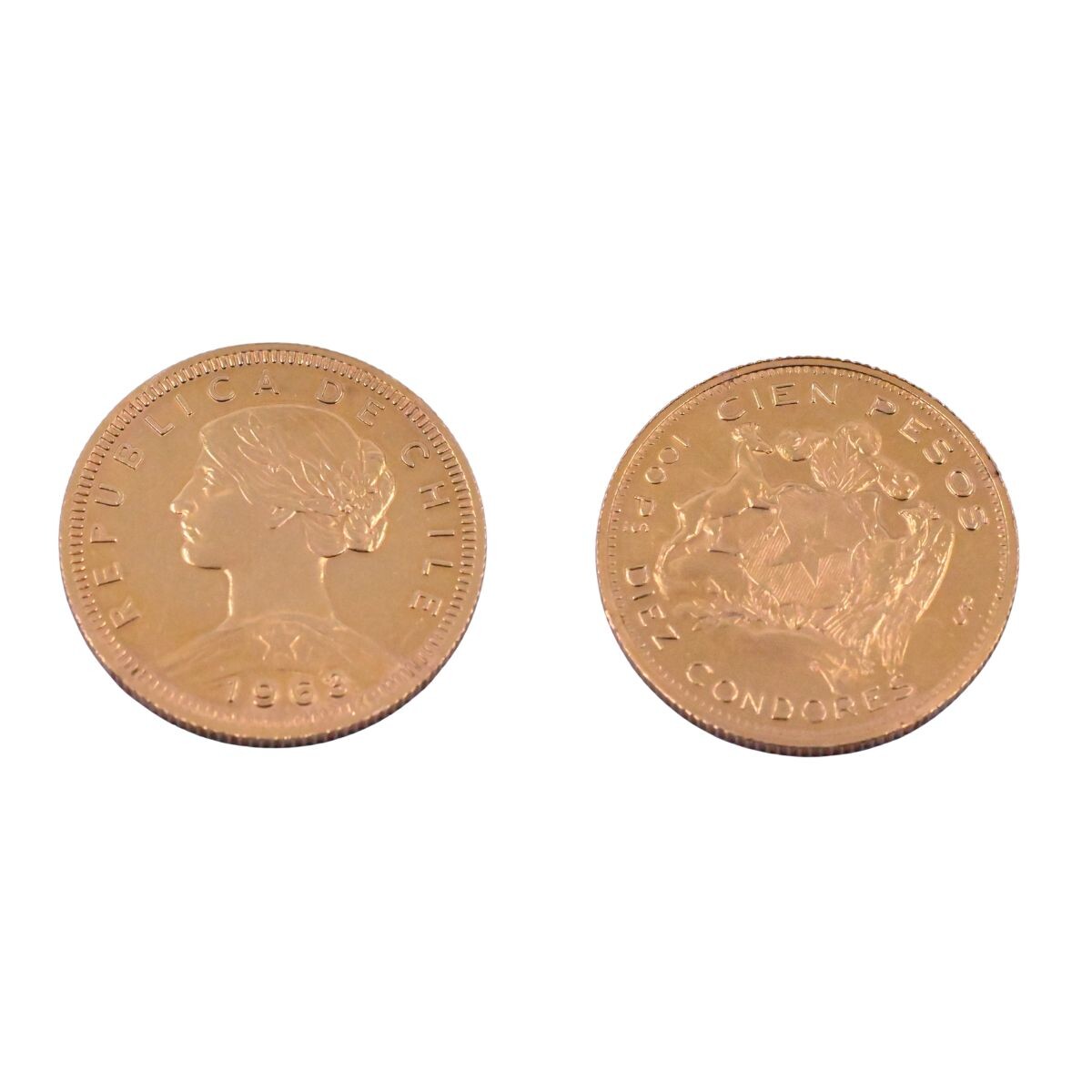 Moneda de oro República de Chile 100 pesos año 1963. 