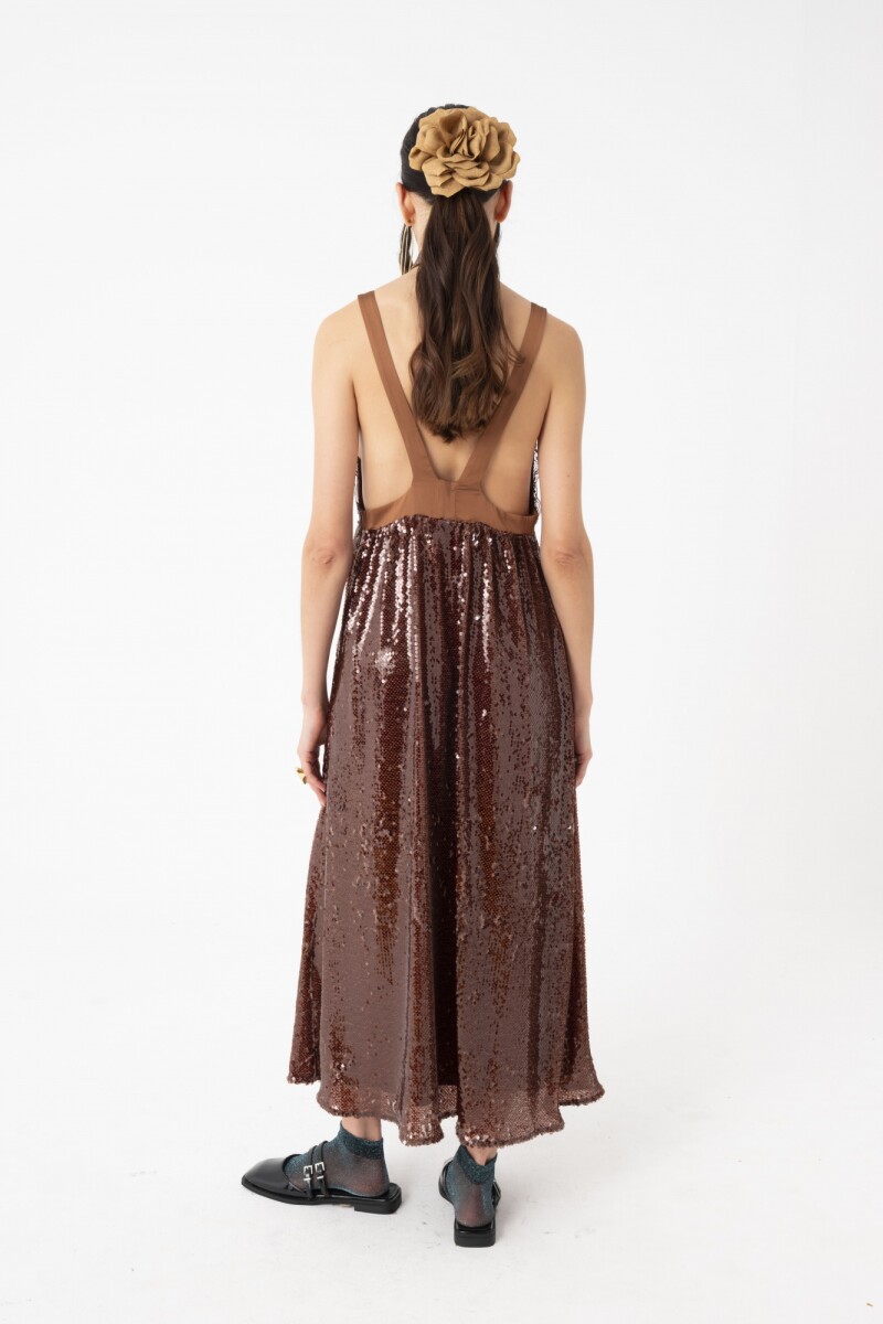 VESTIDO LARGO DE LENTEJUELA Marron