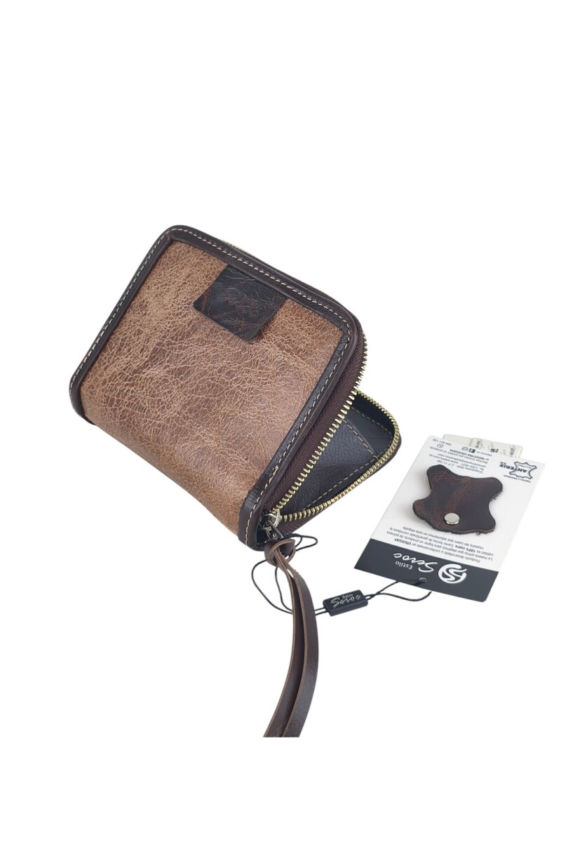 Monedero de Cuero Genuino con Cierre de Cremallera Segura y Organizador Interior Marron