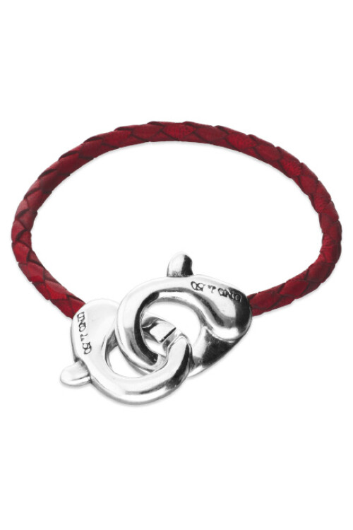 PULSERA DE CUERO ROJO CON MOSQUETÓN ENTRELAZADO BAÑADO EN PLATA Pulsera