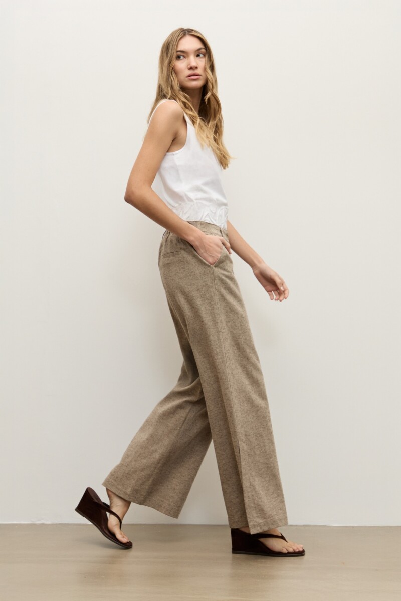 Pantalon wide leg lino con tajos chocolate melange