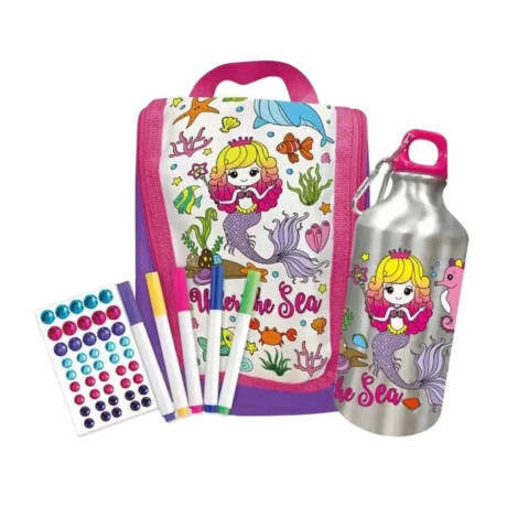 Set Lanchera Y Botella P/Colorear Infantil C/Fibras Stickers Rosa/violeta