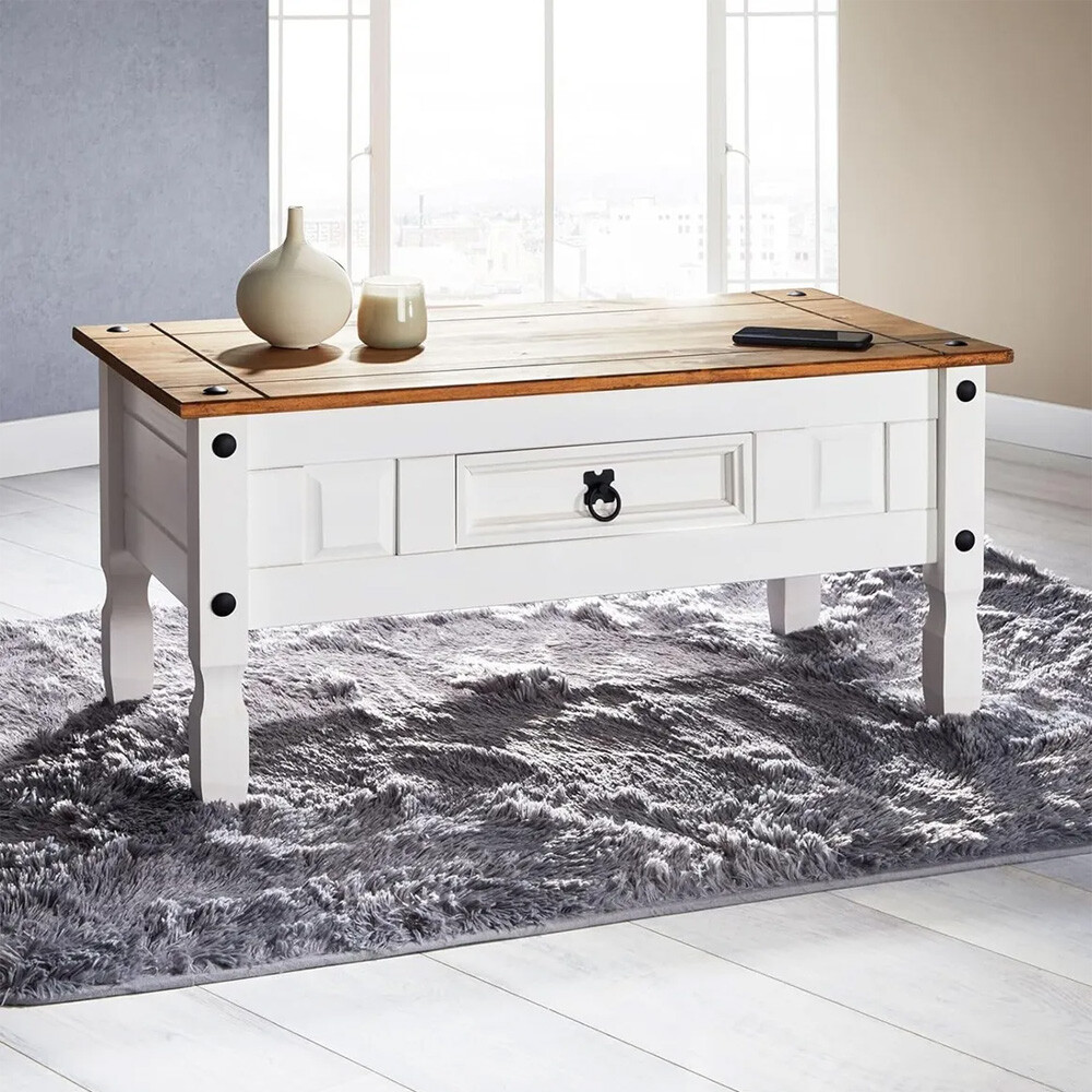 MESA RATONA LIVING DE CENTRO CON CAJÓN EN MADERA MACIZA - LÍNEA MEXICANA BLANCO