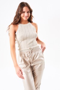 Top Halter Metalizado Beige Melange