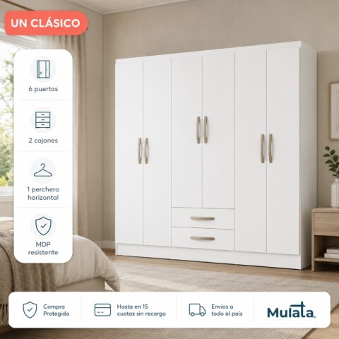 Armario Ropero Placard de 6 Puertas Línea Plus con 2 Cajones y Perchero Horizontal - MDP - Blanco Armario Ropero Placard de 6 Puertas Línea Plus con 2 Cajones y Perchero Horizontal - MDP - Blanco