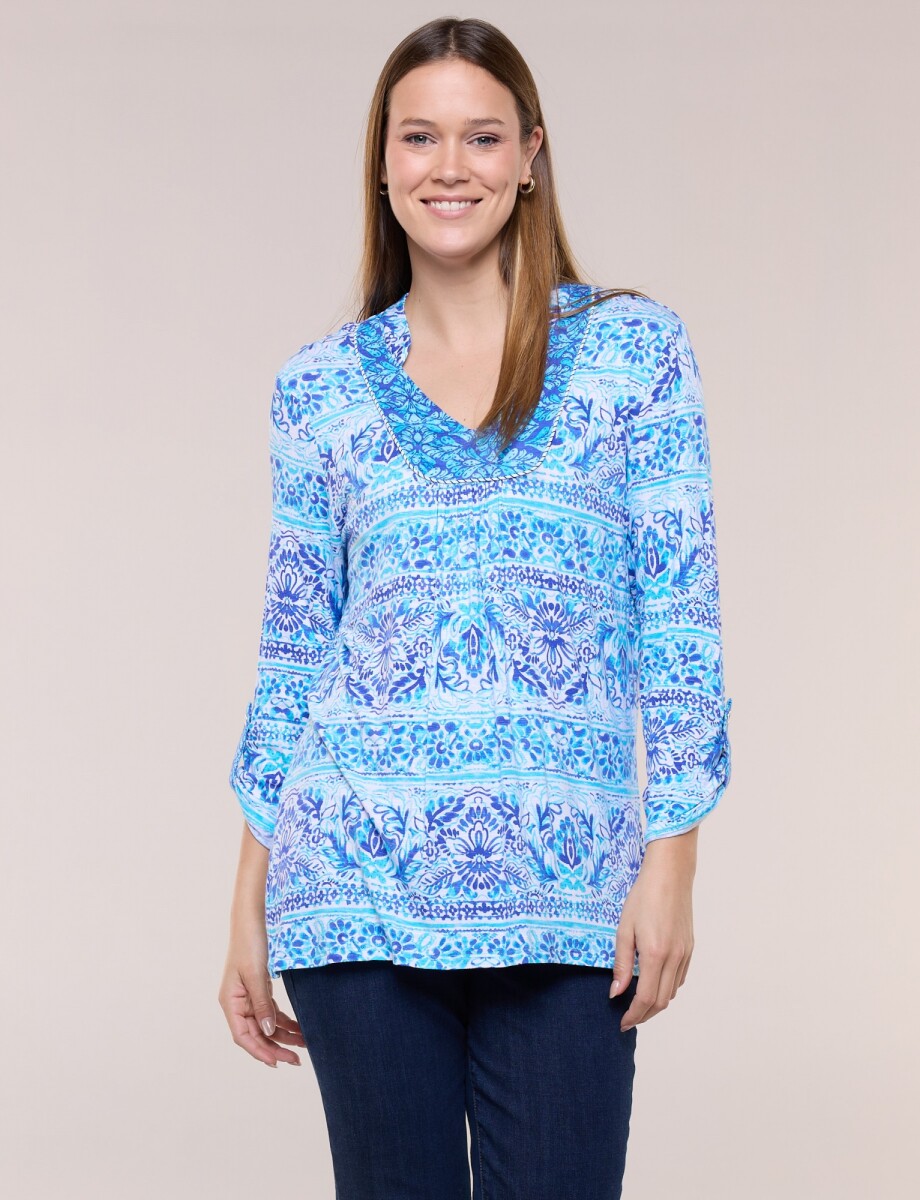 Remera Estampada Manga 3/4 Roll-up - Azul/multi 