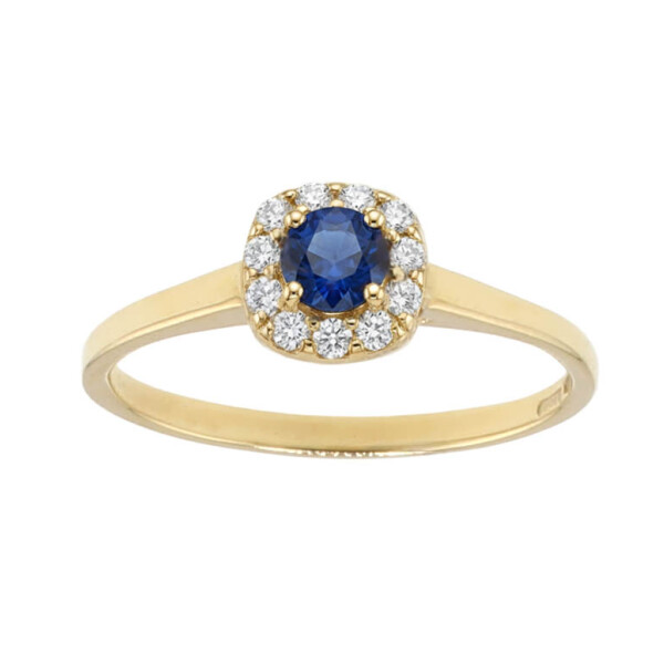 Anillo Cushion de oro amarillo 18k con brillantes y zafiro azul Anillo Cushion de oro amarillo 18k con brillantes y zafiro azul