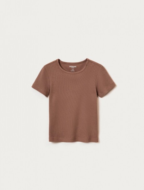 BLUSA CON BORDADO EN TELA ACANALADA MARRÓN